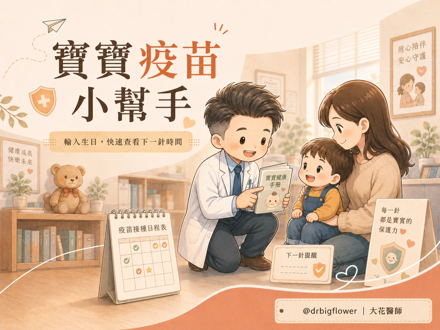 寶寶疫苗小幫手主視覺：大花醫師與家長、寶寶一起查看疫苗接種日程表