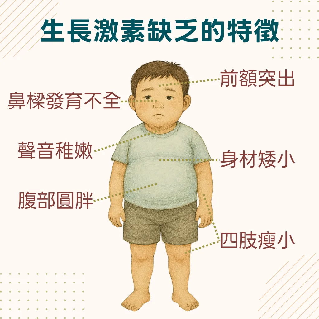 生長激素缺乏的孩童外觀特徵：娃娃臉、中心型肥胖